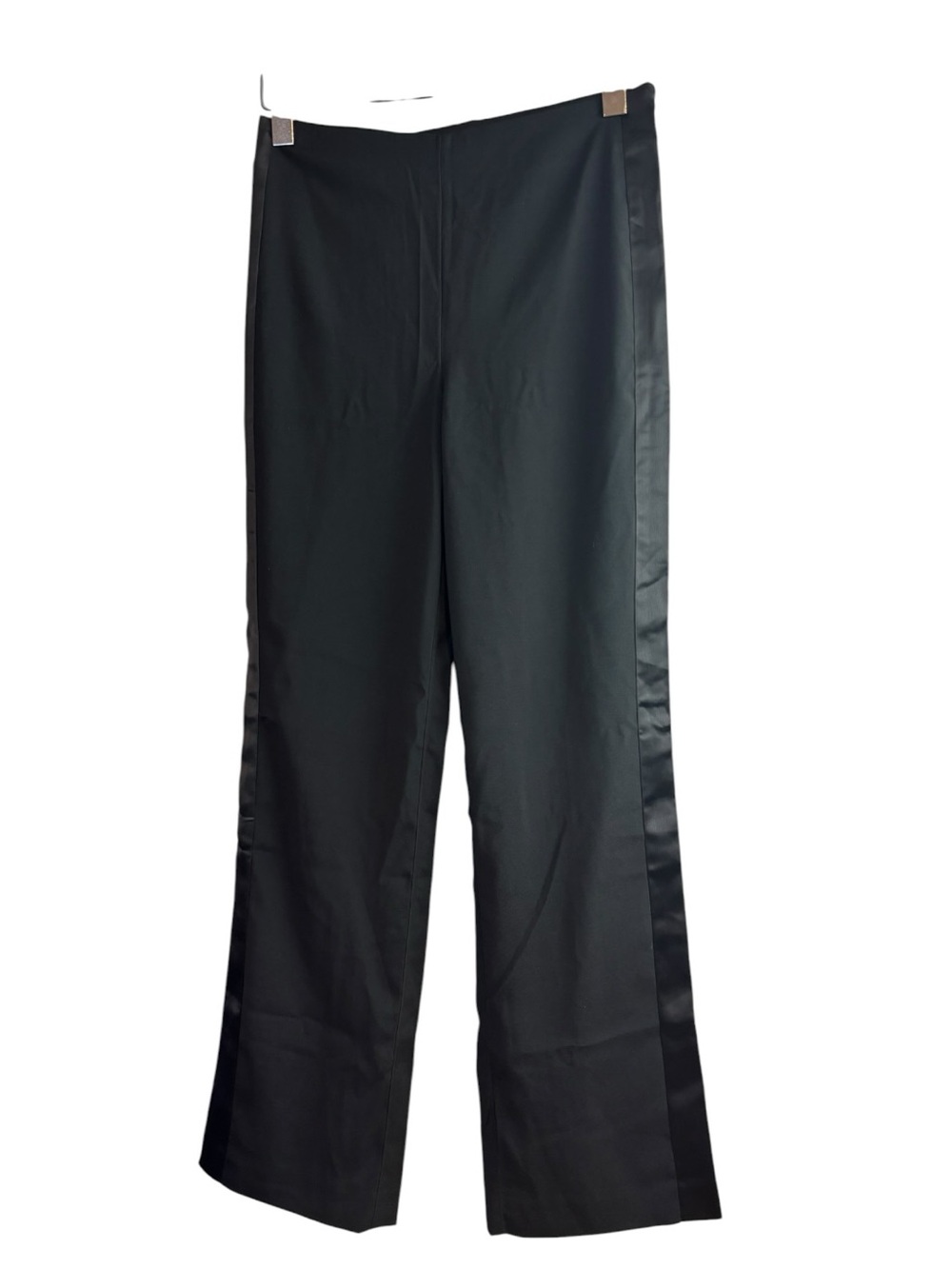 Black Label by Chico’s Satin Black Flat Front Tuxedo crepe flow Dress Pants Sz 4